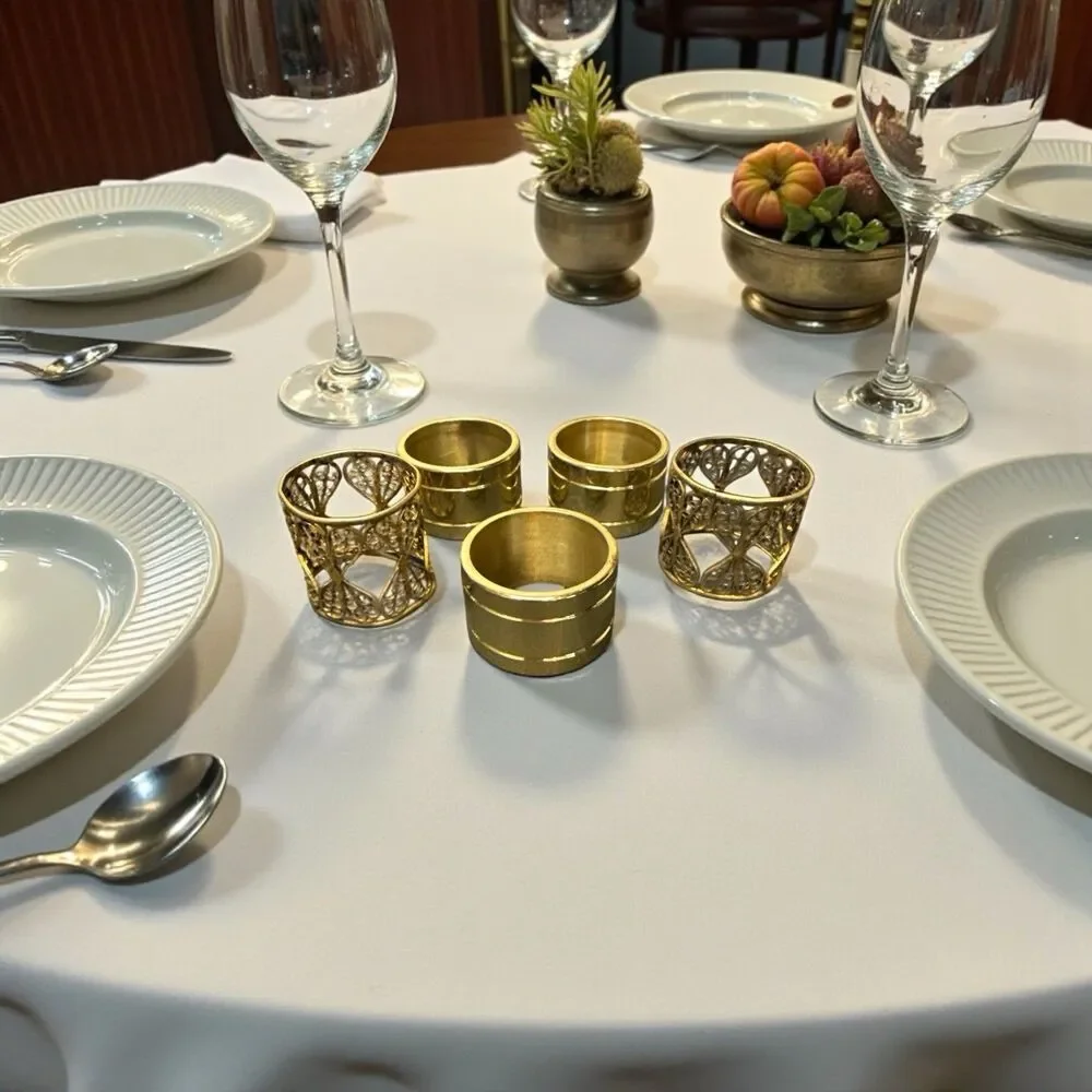 3 Baldwin Napkin Rings Ribbed Pinstripe Heavy + 2 Misc wire rings